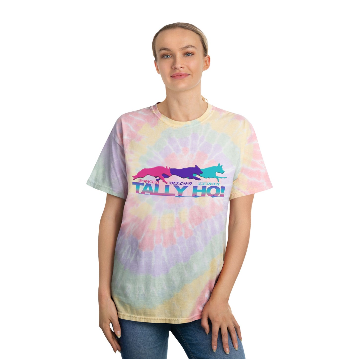 Spiral Tie-Dye Tee with 'Tally Ho!' Print - Colorful Casual Shirt for Summer Fun