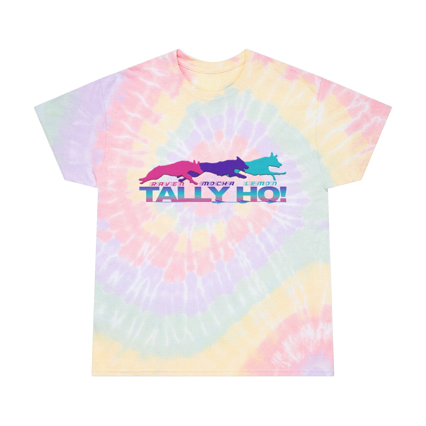 Spiral Tie-Dye Tee with 'Tally Ho!' Print - Colorful Casual Shirt for Summer Fun