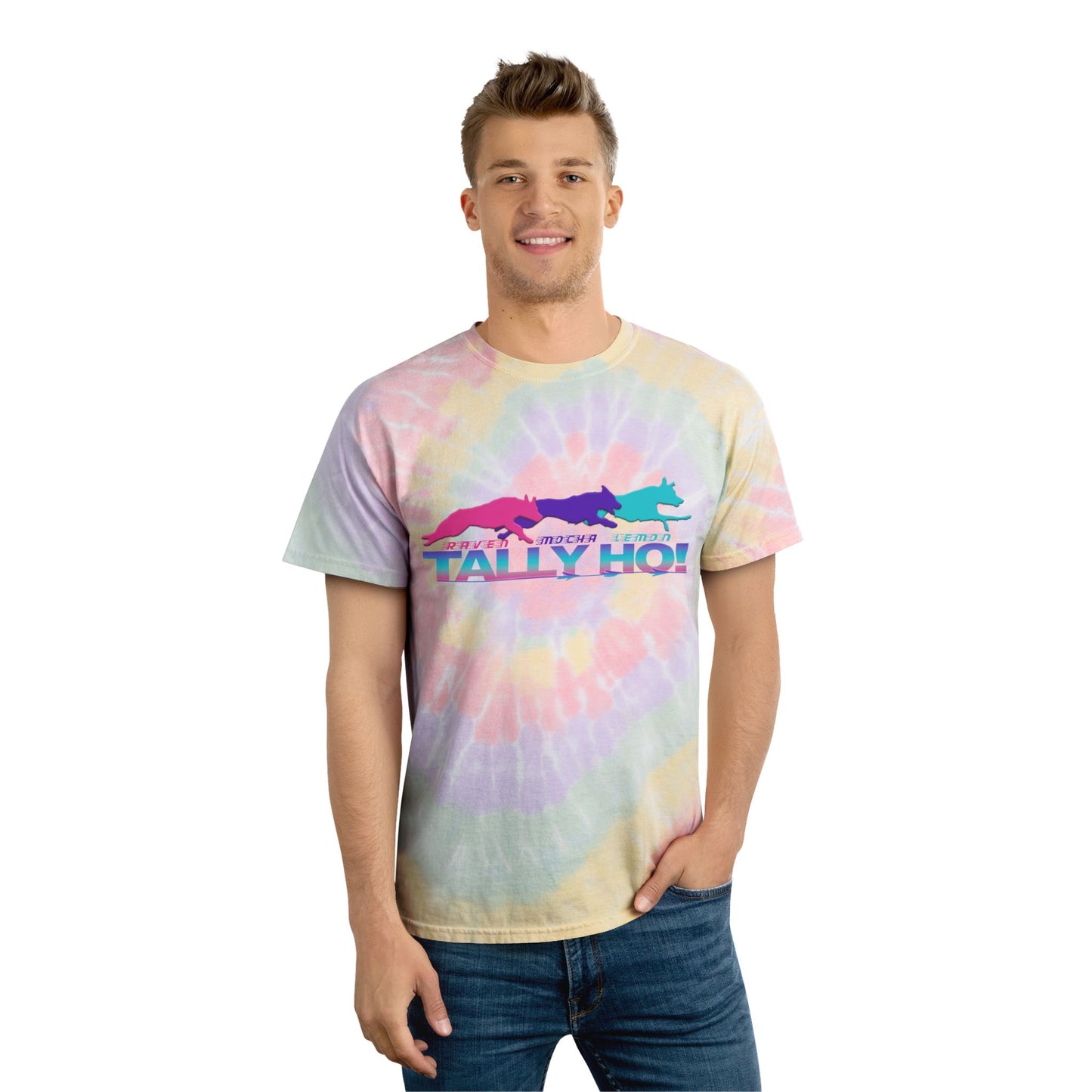 Spiral Tie-Dye Tee with 'Tally Ho!' Print - Colorful Casual Shirt for Summer Fun