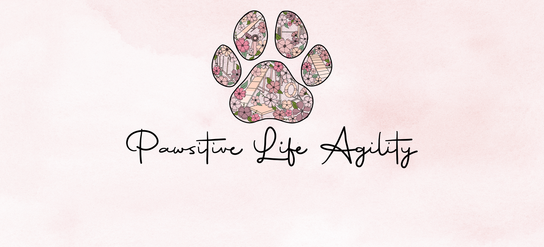 Floral paw print logo with 'Pawsitive Life Agility' text on a pink gradient background