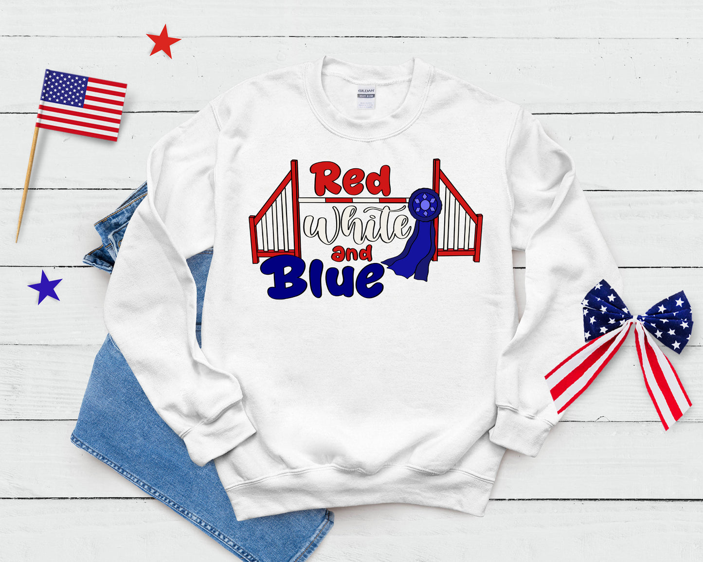 Stars and Stripes Red, White, and Blue Ribbon Gildan Unisex Heavy Blend™ 50/50 Fleece Crew