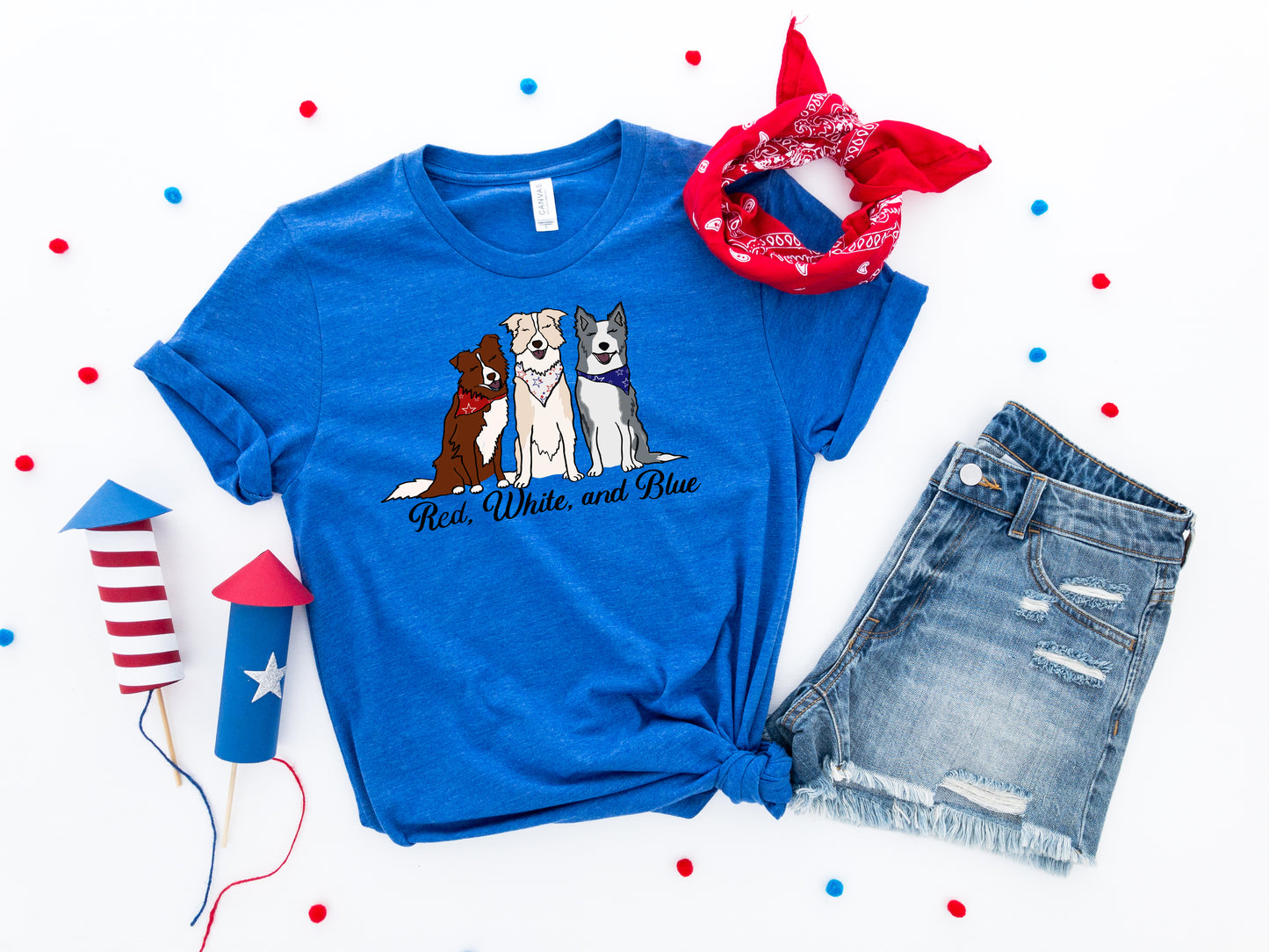 Stars and Stripes Red, White, and Blue Border Collies Bella + Canvas Unisex Jersey T-Shirt