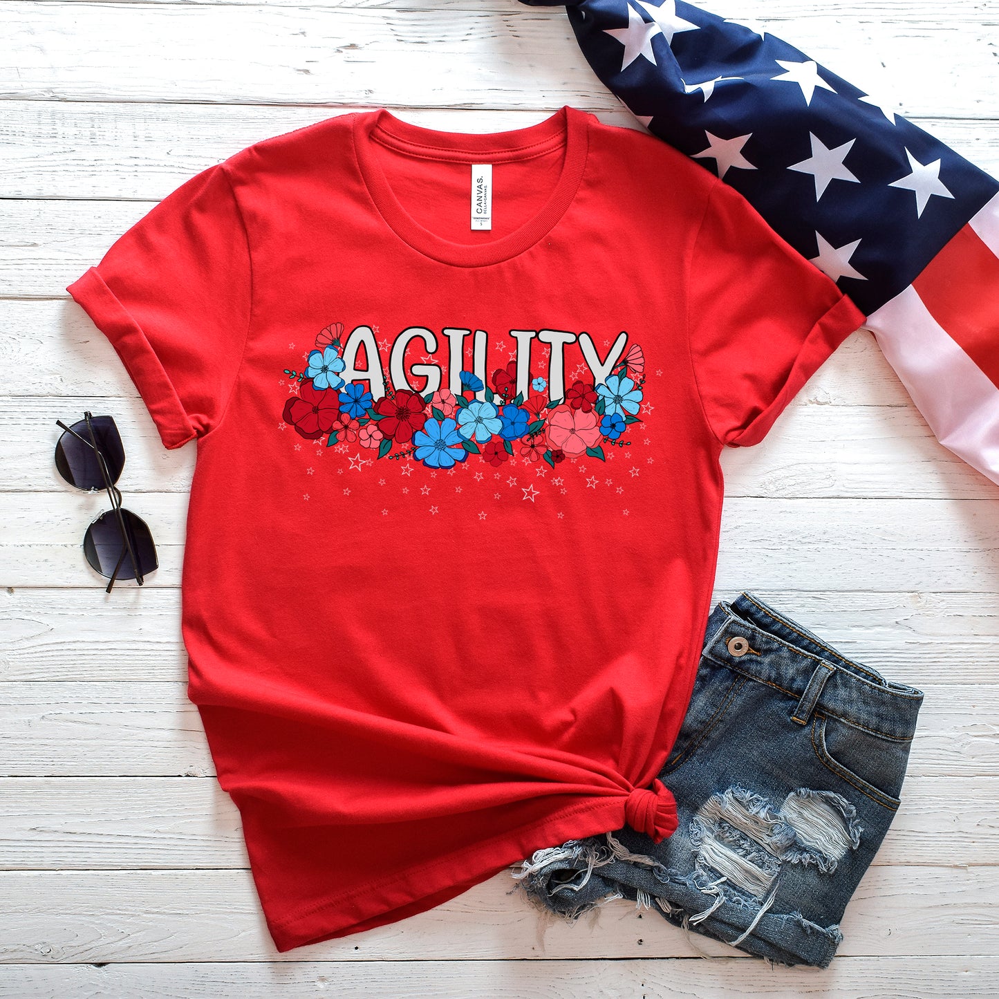 Stars and Stripes Floral Agility Bella + Canvas Unisex Jersey T-Shirt