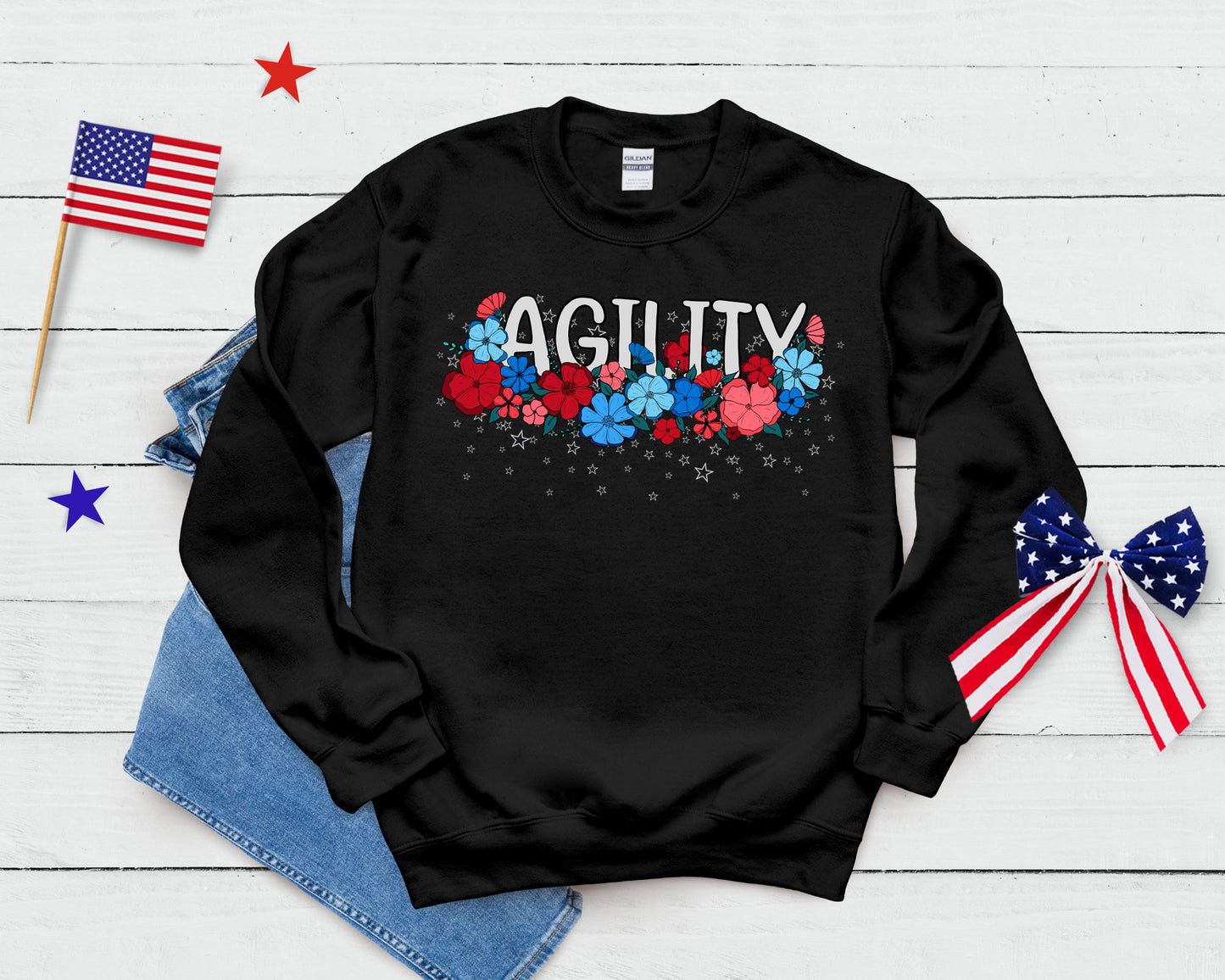 Stars and Stripes Floral Agility Gildan Unisex Heavy Blend™ 50/50 Fleece Crew