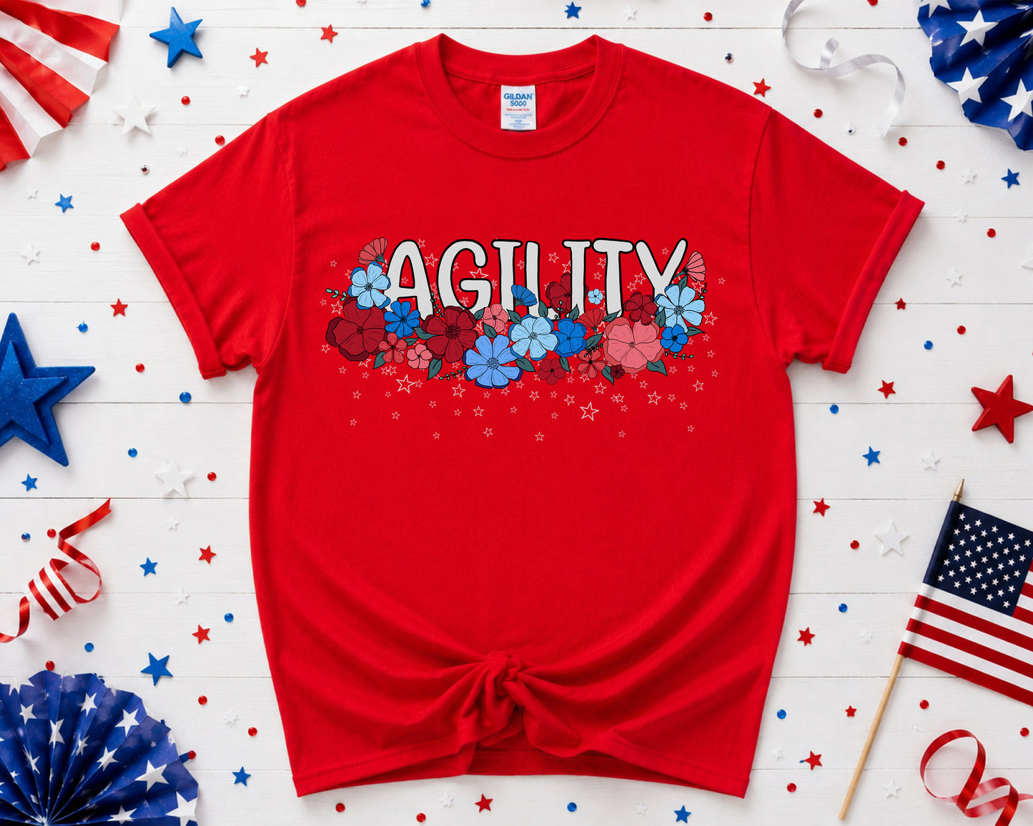 Stars and Stripes Floral Agility Gildan Unisex Softstyle Tshirt