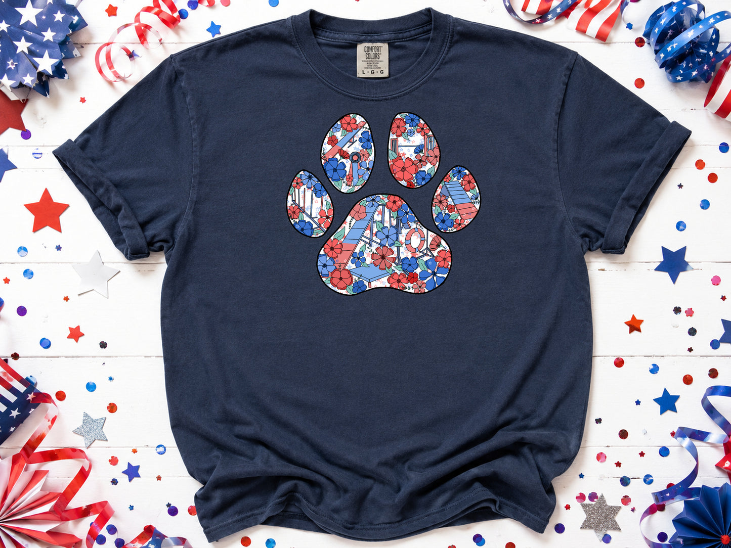 Stars and Stripes Floral Agility Paw Print Comfort Colors Unisex Heavyweight T-Shirt