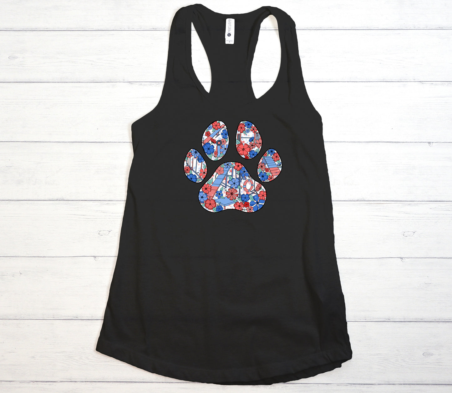 Stars and Stripes Paw Print Next Level Women's Ideal Racerback Tank